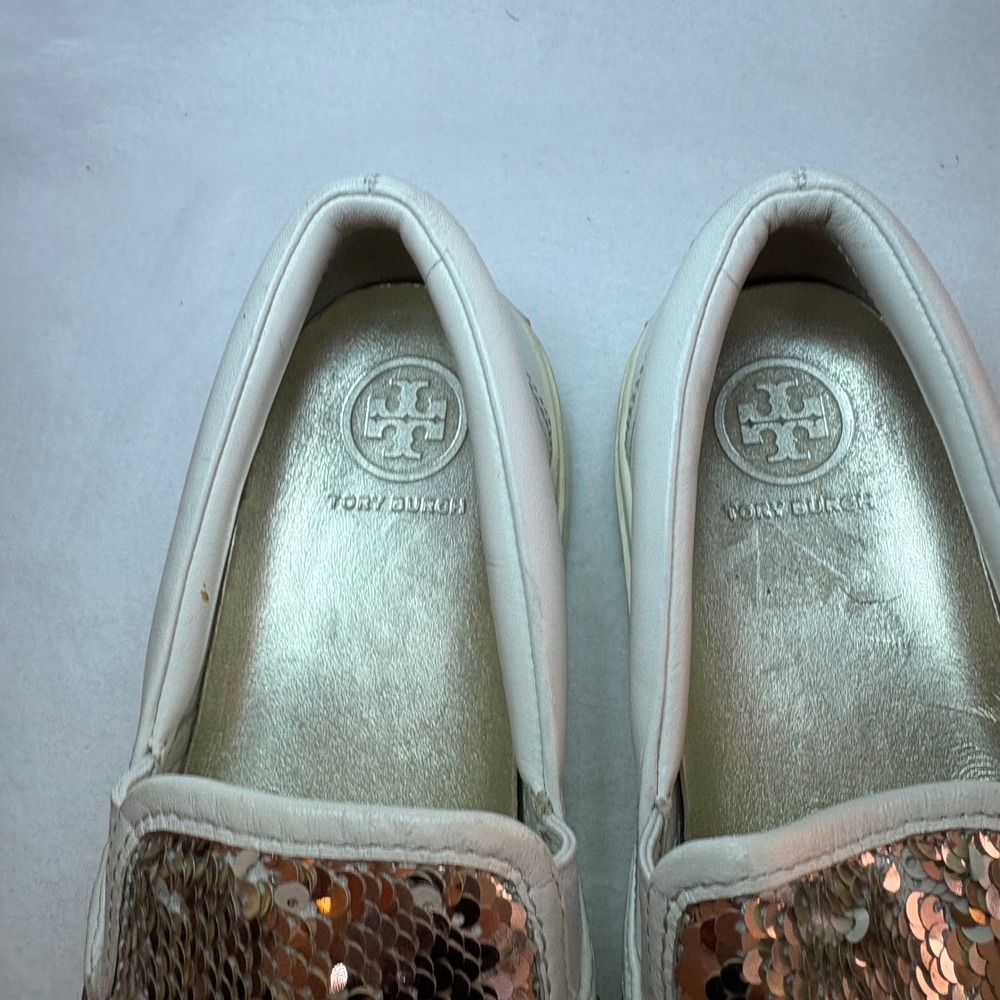 Tory Burch Rose Gold Sequin White Leather Slip On Sneakers Shoes 5.5M - Picture 2 of 5